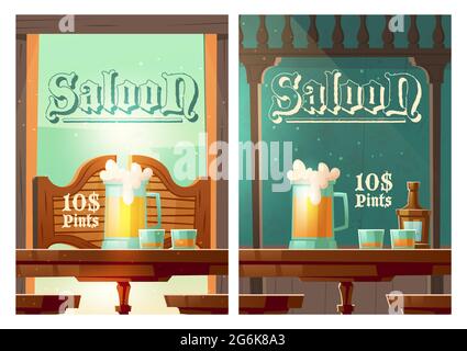 Banner cartoon Cowboy Saloon, tankard di vetro con birra schiumosa e colpi con bevande alcoliche stand su tavolo in legno vecchio stile nella taverna wild West. Invito al pub retrò o bar poster Vector Illustrazione Vettoriale