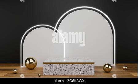 Scenografia creativa e di lusso con podio geometrico per la visualizzazione dei prodotti, il rendering 3D e l'illustrazione 3D Foto Stock