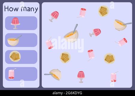 Minigioco matematico per bambini - conta quanti cibi - gelatina, zuppa, waffle, yogurt. Giochi educativi per bambini. Modello di disegno di cartoni animati su sfondo colorato. Grafico vettoriale. Illustrazione Vettoriale