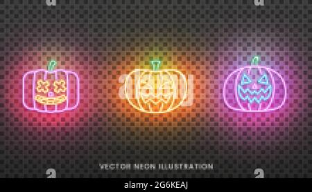 Segno di zucca al neon di Halloween. Set di vivaci e colorate Jack o Lanterne per Halloween Illustrazione Vettoriale