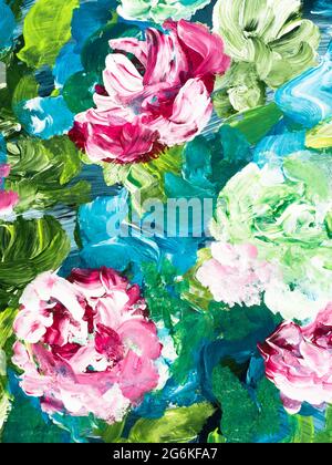 Pittura astratta fiori luminosi, originale disegnato a mano, stile impressionismo, texture colore, pennellate di vernice, arte di fondo. Arte moderna Foto Stock