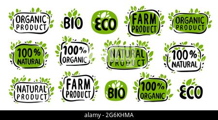 Naturale, biologico simbolo di cibo. Set di adesivi, etichette, etichette. Icona Eco, bio con foglie Illustrazione Vettoriale