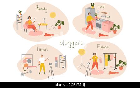 Set di blogger e vloggers che fanno contenuti Internet. Popoli che creano video per il loro canale del blog. Influencer che sparano vlog. Vettore Illustrazione Vettoriale