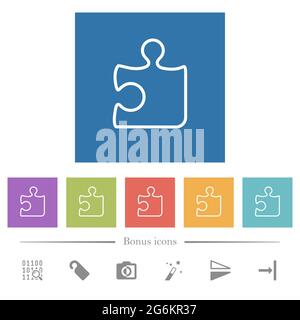Singolo pezzo di puzzle delineare le icone bianche piatte in sfondi quadrati. 6 icone bonus incluse. Illustrazione Vettoriale