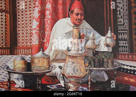 Pittura marocchina della cerimonia del tè dell'uomo tradizionalmente vestita Foto Stock