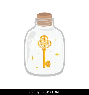 Bottiglia con chiave all'interno. Protezione con password di concetto. Illustrazione vettoriale isolata su sfondo bianco. Illustrazione Vettoriale