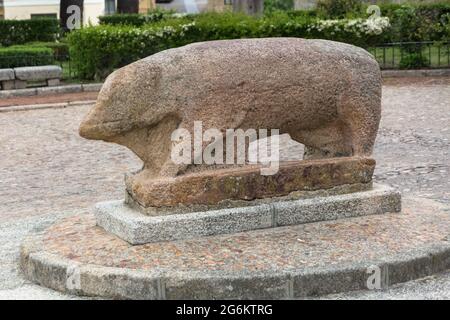 Cuidad Rodrigo / Spagna - 05 12 2021: Vista sulla scultura megalitica di granito di Vettones di un maiale, all'interno della Fortezza di Cuidad Rodrigo centro Foto Stock