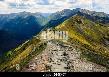 Parco Nazionale di Tatra in estate. Sul sentiero. Panorama dei Tatra occidentali. Foto Stock