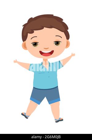 Bambino divertente. Ragazzino. In abiti blu. Il bambino salta per gioia. Affascinante carattere attivo carino. Carino bambino. Faccia sorriso scoppia. Stile cartone animato. Isolato su Illustrazione Vettoriale