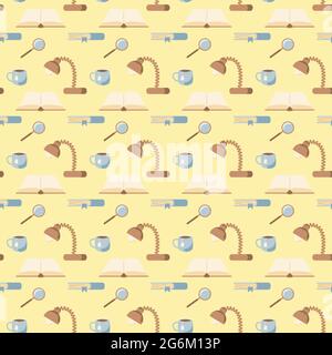 Modello senza cuciture con strumenti da ufficio per l'istruzione, utensili da scrittura, cancelleria, lampada da tavolo, libro, lente di ingrandimento, tazza di disegno del tè in stile piatto su un yel Illustrazione Vettoriale