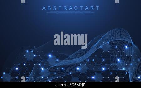 Tecnologia linee astratte e punti collegano lo sfondo con gli esagoni. Griglia esagonale. Collegamento di esagoni con dati digitali e concetto di big data. Digitale esadecimale Illustrazione Vettoriale