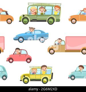 I bambini guidano auto e autobus. Motivo cartoon senza cuciture. Bambini automobilisti. Sfondo bambini isolato. Automobili varie. Veicolo giocattolo, motore e. Illustrazione Vettoriale