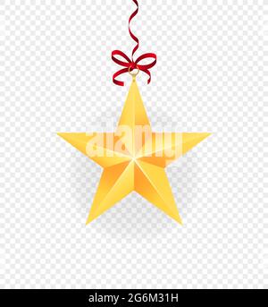 Stella di Natale reale d'oro. Oro stella decorazione di Natale su un appendiabiti per l'albero su uno sfondo pastello, colorato. Illustrazione vettoriale. Illustrazione Vettoriale