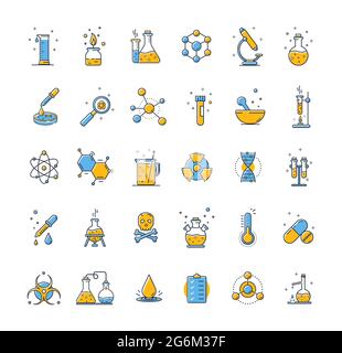 Ampia serie di icone schematiche e di laboratorio di chimica che mostrano esperimenti assortiti, vetreria e molecole isolate su sfondo bianco. Stile piatto vecto Illustrazione Vettoriale
