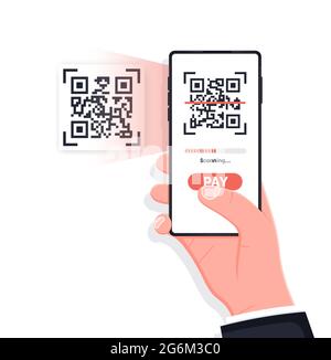 Scansione del codice QR con smartphone mobile. Isolato su sfondo bianco. Pagamento con codice QR, portafoglio elettronico, concetto di tecnologia senza contanti. Acquisire il codice QR in mo Illustrazione Vettoriale