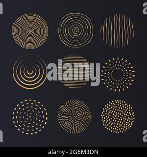 Texture oro disegnata a mano. Collezione artistica di elementi di design: Punti, pennellate, tratti di vernice, linee ondulate, sfondi astratti, modelli di inchiostro Illustrazione Vettoriale