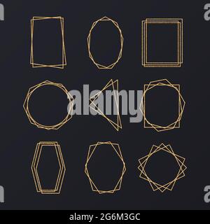 Cornici geometriche dorate su sfondo scuro. Utilizzando sabbia dorata. Poliedro geometrico, stile art deco per l'invito al matrimonio, set sottile per Invitatio Illustrazione Vettoriale