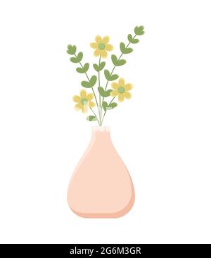 Illustrazione botanica con foglie e pianta. Bellissimo vaso di fiori con colorata vettore fiore icona piatta. Fiore colorato in vaso isolato icona piatta o Illustrazione Vettoriale