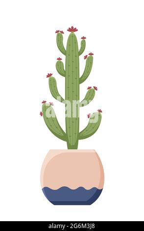 Illustrazione botanica con foglie e pianta. Bellissimo vaso di fiori con colorata vettore fiore icona piatta. Fiore colorato in vaso isolato icona piatta o Illustrazione Vettoriale