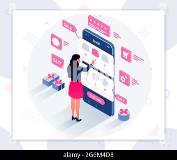 Vendita. Acquirente di e-commerce. Moderno disegno piatto illustrazione isometrica dello shopping in linea. Concetto di e-commerce. Può essere utilizzato per siti Web e siti Web mobili o Illustrazione Vettoriale
