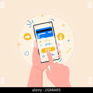 Pagamento mobile per merci, servizi, acquisti tramite smartphone. Online banking, paga con il telefono. Carta di credito su schermo, pulsante a pagamento, smartphone in uomo ha Illustrazione Vettoriale