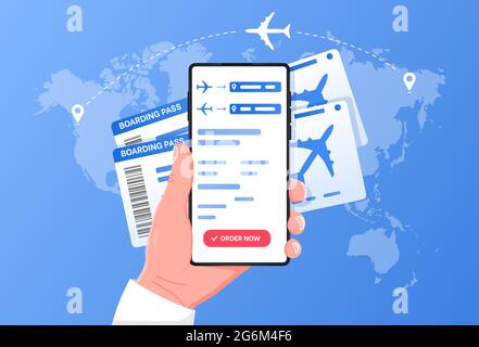 Mano con telefono cellulare e applicazione mobile per ordinare i biglietti. La carta d'imbarco mobile aggiunge per il check-in online e gli aerei che volano intorno nelle nuvole. Mondo Illustrazione Vettoriale