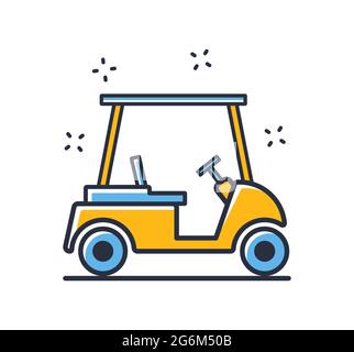 Icona golf cart. Auto da golf isolata su sfondo bianco. Elementi di design, colorati. Elemento per concetti mobili e applicazioni Web. Illustrazione vettoriale a stile piatto Illustrazione Vettoriale