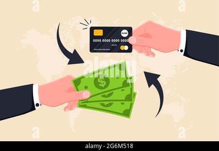 Le mani tengono una carta di credito di plastica e le fatture di contanti. Il concetto di operazioni finanziarie, transazioni, investimenti e turnover monetario. Contanti e non cas Illustrazione Vettoriale