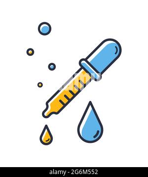 Icona pipetta. Rilascio di una goccia da una pipetta isolata su sfondo bianco. Elementi di design, colorati. Elemento per concetti mobili e applicazioni Web. Piatto s Illustrazione Vettoriale