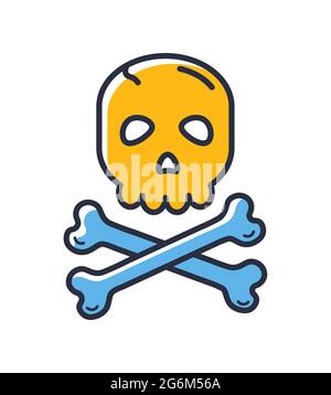 Icona cranio con ossa. Cranio e crossoni isolati su sfondo bianco. Elementi di design, colorati. Elemento per concetti mobili e applicazioni Web. Piatto sty Illustrazione Vettoriale