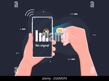 Informazioni sulla scheda SIM nell'illustrazione vettoriale. Rete mobile con tecnologia microchip. Modello di layout banner Web. Telecomunicazioni moderne, persone che usano Illustrazione Vettoriale