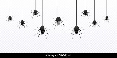Modello vettoriale isolato senza giunture realistico con ragni appesi per decorazione e copertura su sfondo trasparente. Sfondo spooky per Halloween. Illustrazione Vettoriale