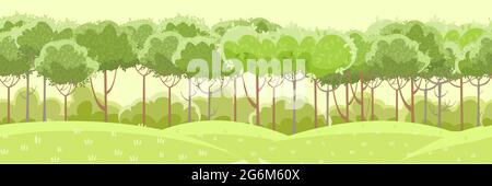 Sottili alberi e cespugli. Foresta o giardino. Verdi colline rurali erbose. Un bellissimo e grazioso paesaggio estivo. Stile piatto. Disegno di cartone animato Illustrazione Vettoriale