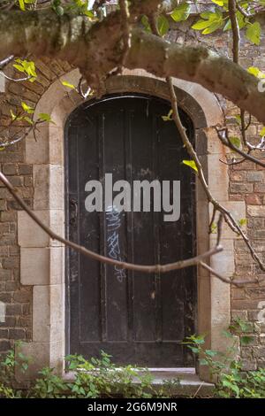 Vecchia porta nascosta nel vecchio muro Cambridge Inghilterra Foto Stock