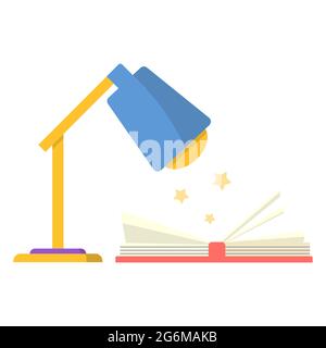 Lampada sulla scrivania con libro e stelle. Icona magica isolata su sfondo bianco. Concetto di illustrazione vettoriale per il club di lettura del libro Illustrazione Vettoriale