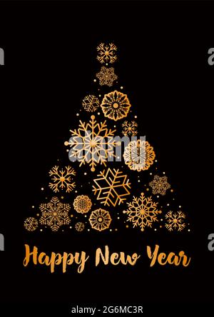Illustrazione vettoriale dell'albero di Natale fatto da fiocchi di neve in colore dorato in stile piatto. Biglietto d'auguri Felice Anno Nuovo. Illustrazione Vettoriale