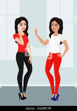 Illustrazione vettoriale belle ragazze cartoon fare una chiamata telefonica e prendere selfie in stile piatto. Illustrazione Vettoriale