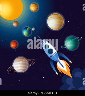 Illustrazione vettoriale del razzo che vola sopra le nuvole nello spazio e tra i pianeti, astronave su sfondo blu scuro in stile cartoon piatto. Illustrazione Vettoriale