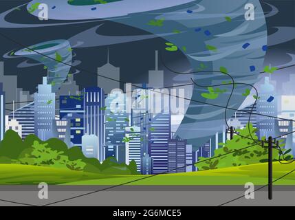 Illustrazione vettoriale tornado nella città moderna distruggere gli edifici. Uragano vento enorme in grattacieli, waterbut twister concetto tempesta in stile piatto. Illustrazione Vettoriale