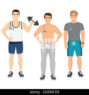 Illustrazione vettoriale di bei ragazzi in forma fisica in palestra. Uomini sportivi sorridenti e felici in palestra in stile piatto. Illustrazione Vettoriale