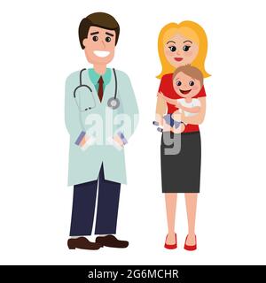 Illustrazione vettoriale del medico pediatra con bambino e madre su sfondo bianco. Cura per la salute del bambino in stile cartoon piano. Illustrazione Vettoriale