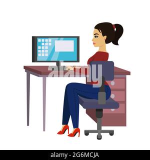 Immagine vettoriale bella donna d'affari alla scrivania sta lavorando sul computer portatile in stile piatto. Illustrazione Vettoriale