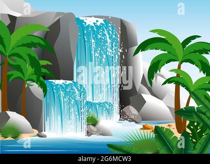 Illustrazione vettoriale di una bella cascata nel paesaggio tropicale della giungla con alberi, rocce e cielo. Verde palma con natura selvaggia e cespuglio fogliame Illustrazione Vettoriale