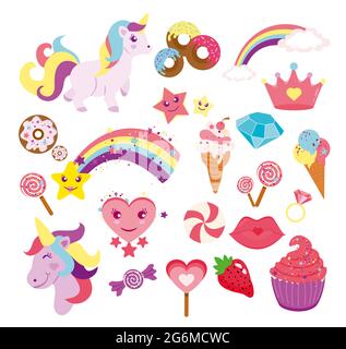 Illustrazione vettoriale insieme di simpatici unicorni, stelle, arcobaleno ed elementi per il tuo design in stile piatto. Illustrazione Vettoriale