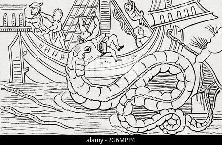 Uomo che viene mangiato da un serpente di mare. Dopo un facsimile da Olaus Magnus: De gentibus Septentrifonalibus, 1555. Dall'Universo o, l'infinitamente Grande e l'infinitamente piccolo, pubblicato 1882. Foto Stock