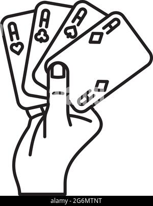 Mano che tiene quattro assi che giocano carte icona della linea vettoriale per il Card Playing Day il 28 dicembre Illustrazione Vettoriale