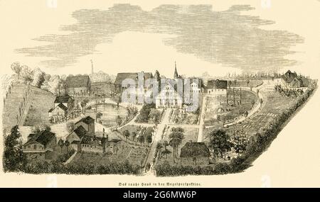 Europa, Deutschland, Hamburg, Horn, Blick auf das Rauhe Haus ( gegründet von Johann Hinrich Wichern ), Illustration aus : ' Illucrrte Zeitung ', Nr. 171, Seite 236, 1846 / Europe, Germania, Amburgo, Horn, vista della Rauhes Haus ( fondata da Johann Hinrich Wichern ), illustrazione di : ' Illucrirte Zeitung ', ( giornale ), Nr. 171, pag. 236, 1846. Foto Stock