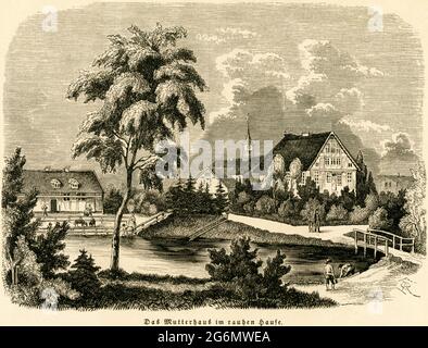 Europa, Deutschland, Amburgo, Horn, Rauhes Haus, Blick auf das MutterHaus des Rauhen Hauses, Illustration aus: ' Illucrirt Zeitung ', Nr. 175, Seite 301, 1846 / Europe, Germany, Hamburg, Horn, Rauhes Haus, vista sulla casa madre della Rauhes Haus, illustrazione di: Illucrirte Zeitung (giornale ), n° 175, pag. 301, 1846 . Foto Stock