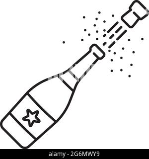 Bottiglia di champagne che schioccano l'icona della linea vettoriale aperta per il giorno dello champagne il 31 dicembre, simbolo della celebrazione di fine anno. Illustrazione Vettoriale