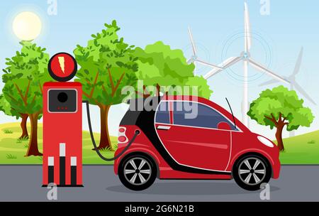 Immagine vettoriale di auto elettrica di colore rosso sulla stazione di ricarica con mulini a vento, albero verde, sole, cielo blu sfondo. Vector Auto elettrica Illustrazione Vettoriale